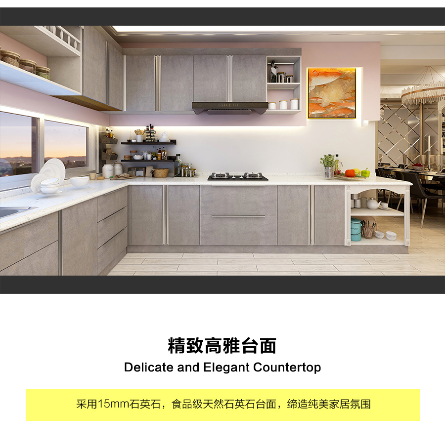 星空梵高定制櫥柜 現(xiàn)代簡約整體定制櫥柜 石英石臺(tái)面定制櫥柜 雙飾面-橫紋顆粒610定制櫥柜