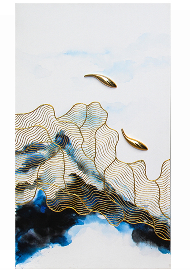 新中式客廳裝飾畫 餐廳原創(chuàng)純手繪金線畫 玄關環(huán)保PS框實物畫 魚水情